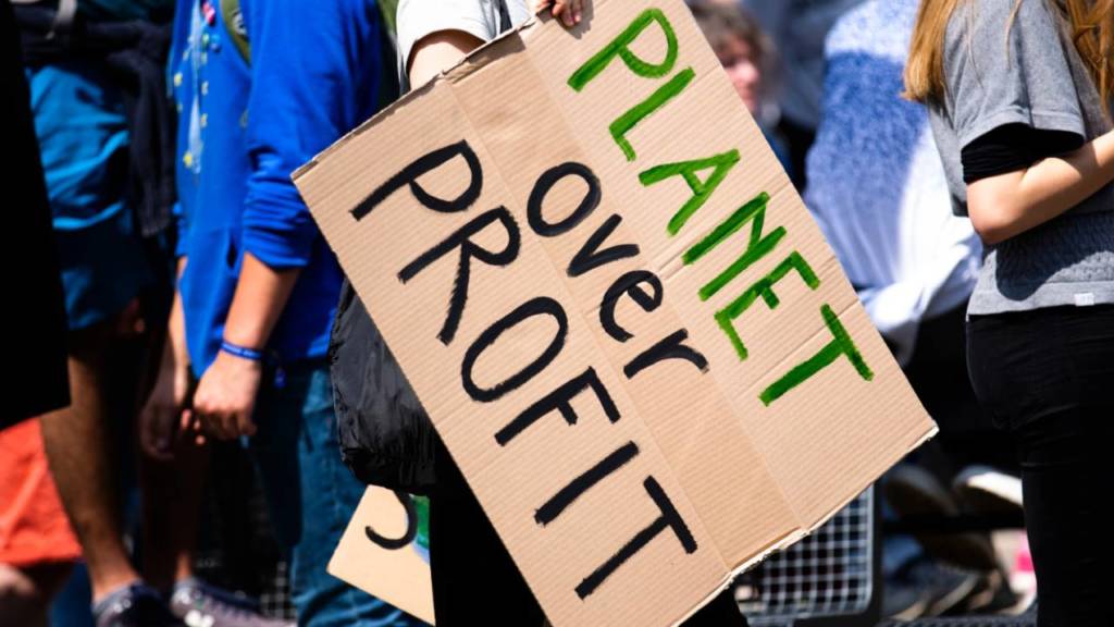picture of someone holding the sign 'planet over profit'