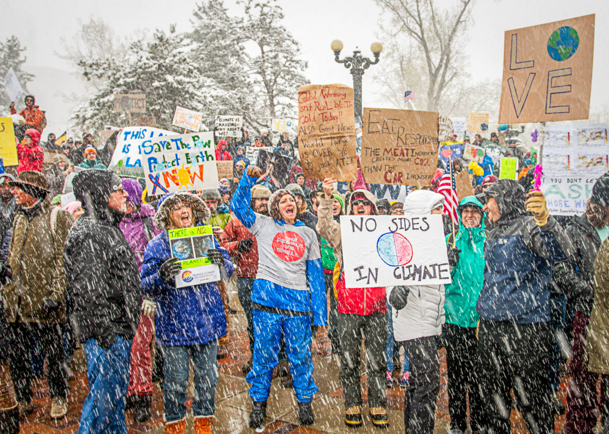 protestors in snowfall
