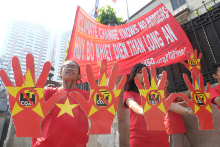 Climate change knows no borders: Climate activists from 350 Pilipinas, picket the Vietnamese Embassy in Manila, calling for the cancellation of the 1,200-megawatt Long An power station in Long An province. The activists argue that emissions from coal plants regardless of its source go to the same atmosphere and cause climate change that impacts climate vulnerable countries like the Philippines.