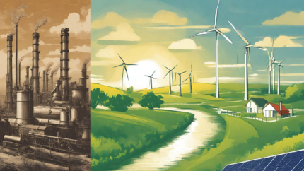 Two panel image showing dirty, polluting smokestacks on the left giving way to a bright, green rural scene with wind turbines in the background.